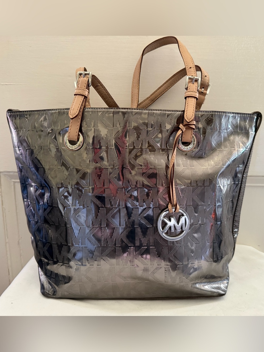 Michael Kors Metallic Silver Logo Tote with Tan Leather Handles
